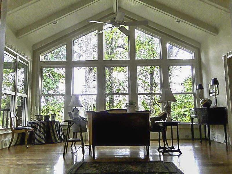 Great-room addition with a wall of windows